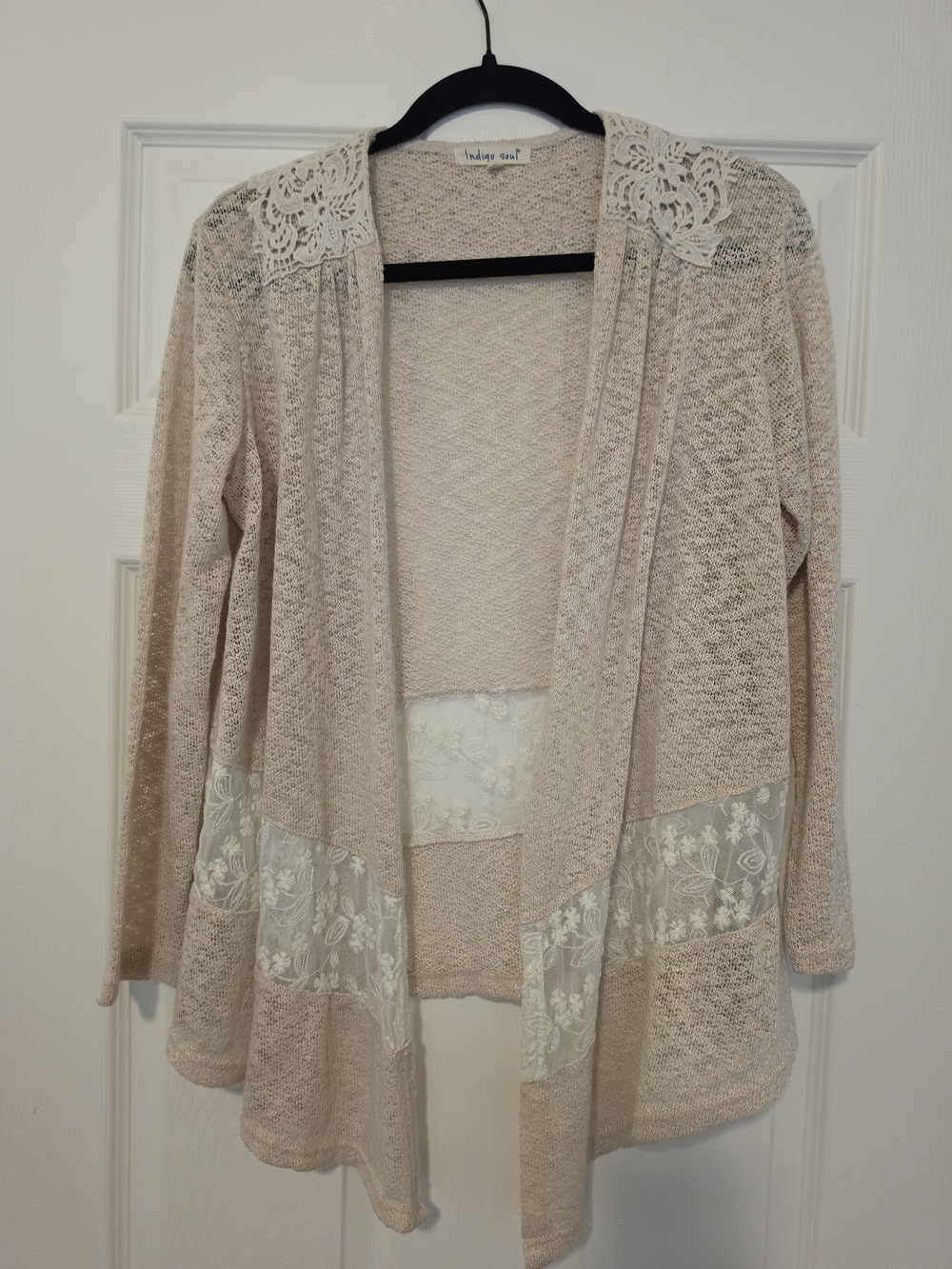 indigo soul Cream Lace-Trim Open Front Cardigan